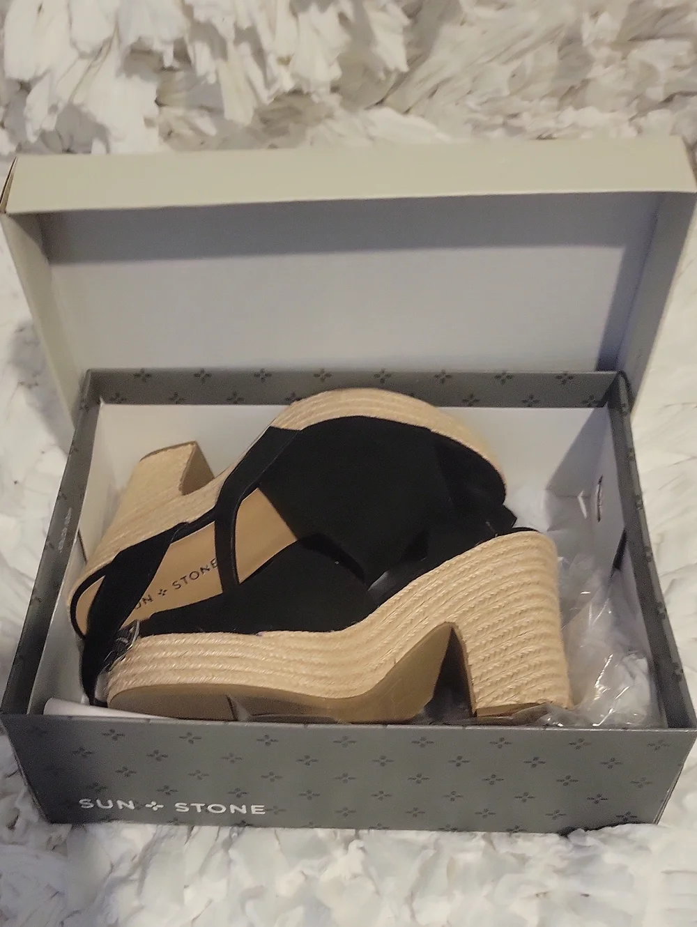 Sun + Stone Black Suede Espadrille Wedge Sandals
